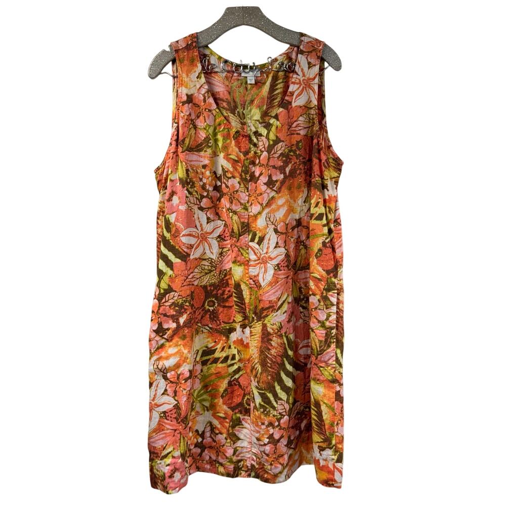 J Jill Love Linen Floral Shift Dress Tank Midi Abstract XL 100% Linen w/pockets